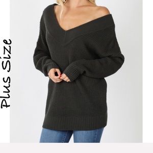 Dark Ash waffle knit off shoulder sweater 1X/2X/3X